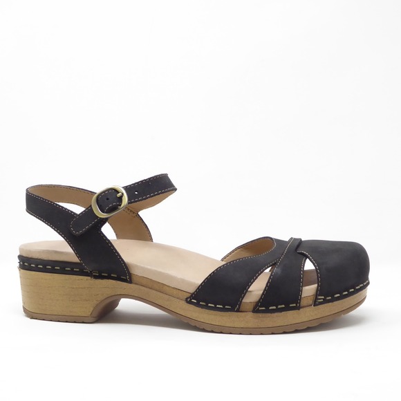 Dansko Shoes - Dansko Womens Betsey Black Milled Nubuck Clog Sandals Ankle Strap Size 39 / 8.5